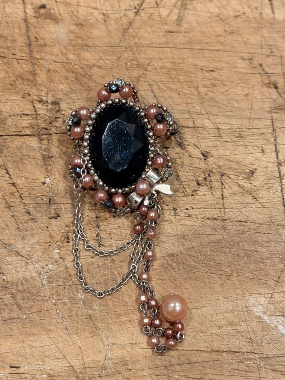 Vintage Black & Pearl Beaded Brooch With Chain Details & Gift Box